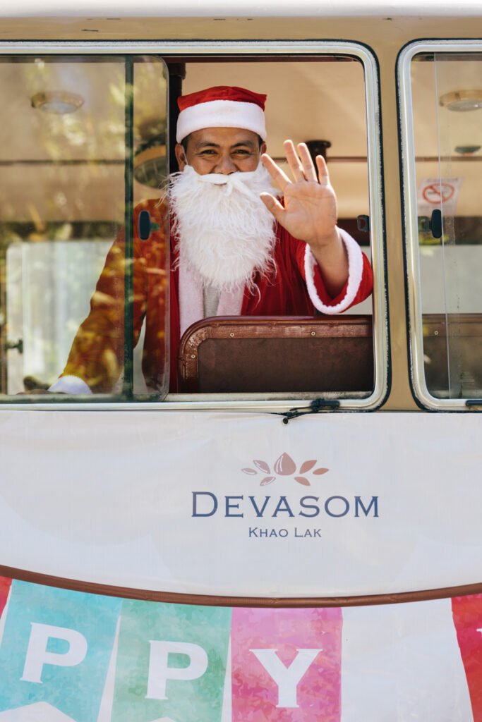 Santa waved from the Devasom's bus on boxing day to deliver specials present.